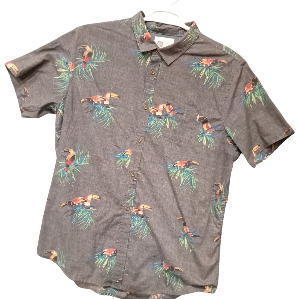 Reef Mens Short Sleeve Toucan Tropical Print Button Down Shirt Gray Size L / XXL